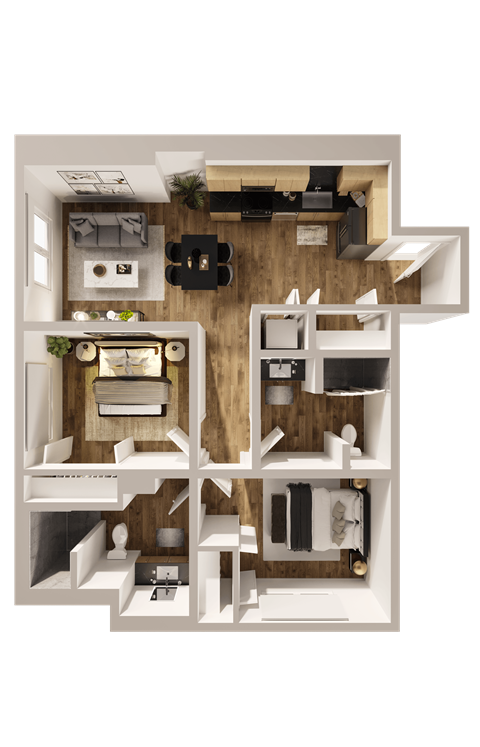Floor plan for 2 beds, 2 baths, 1022 sqft